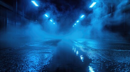 Abstract dark blue street scene with wet asphalt, neon reflections, smoke, smog, and spotlights on an empty concrete floor.