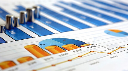 Colorful bar and line graphs displaying financial or statistical data analysis, with metallic markers emphasizing various points of interest.