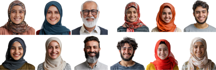 Diverse Muslim Generations Smiling Together   Vibrant Portraits of a Young Woman, Elderly Man, and Teenage Girl in Hijabs  cut out PNG on transparent