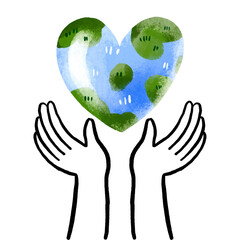 Drawing Save the planet. Ecology. Hands holding planet earth. Cute hand drawn cartoon illustration on isolated background