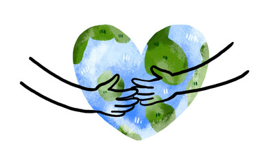 Hands holding planet earth in heart shape. Cute cartoon illustration on isolated background