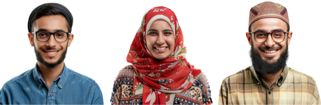 Diverse Smiling Muslim Individuals   Happy Young Man, Joyful Middle Aged Woman, Friendly Teenage Boy in Hyper realistic Studio Portraits  cut out PNG on transparent