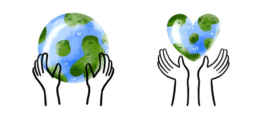 Set save ecology on the planet. Hands hold planet earth. Cute hand drawn cartoon illustration on isolated background