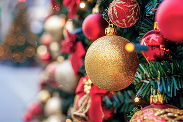 Fototapeta premium Close-up of Christmas ornaments on a decorated tree with lights.
