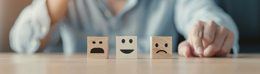 Wooden blocks with different facial expressions represent emotions. Perfect for themes of feelings and mental health.