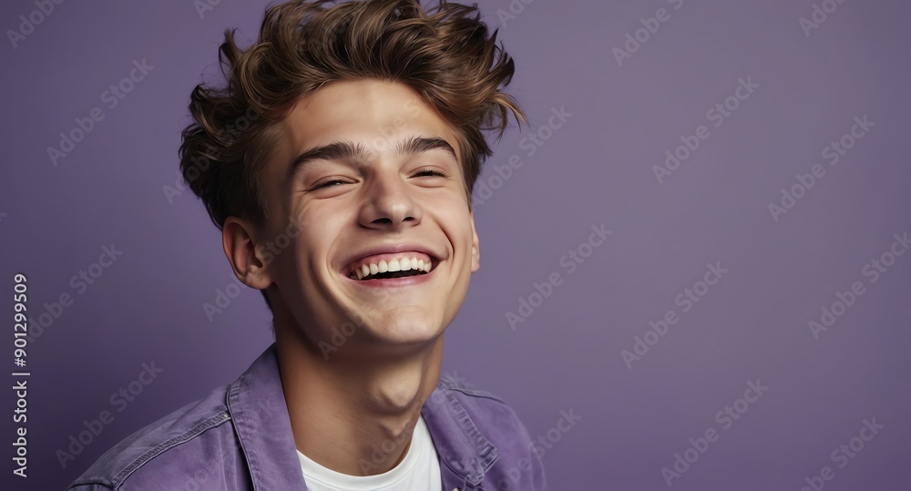 Poster teen laughing guy on plain purple background model portrait lifestyle hair skin care ad concept copy