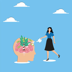Growing brain, growth mindset brain from education or training and experience, knowledge investment concept, happy businessman watering plants growing on human brain using watering can