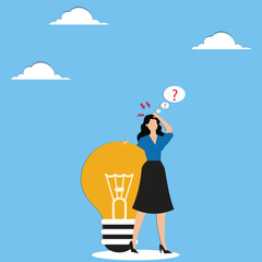 Businesswoman Contemplating Giant Lightbulb with Question Mark for Ambitious Goals