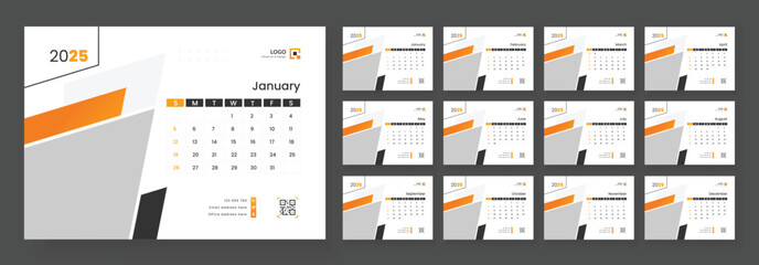 Modern Desk Calendar Template 2025, New Year 2025 table calendar, Minimalist desk calendar 2025 template. Week start on Sunday.
