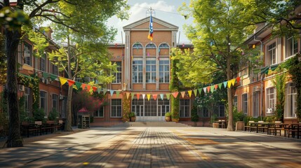 A festive courtyard in front of a classic European school building. Flags and banners hang between the trees.