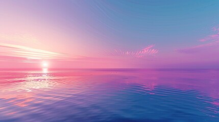 Clear blue sky sunset with a glowing pink and purple horizon over a calm ocean seascape, picturesque and serene scene.