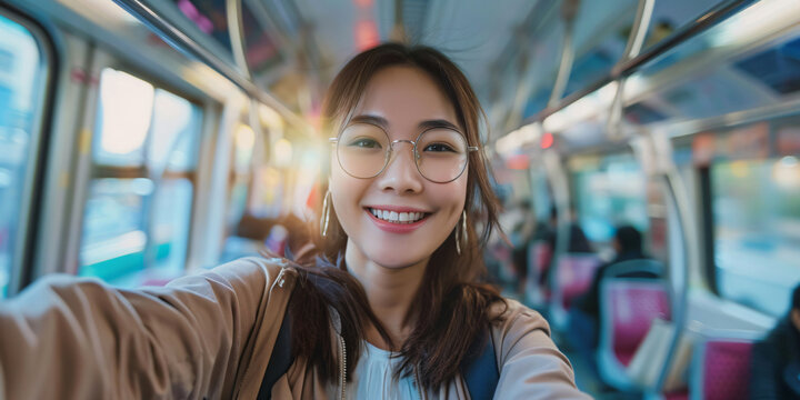 asian woman. A smiling young woman takes a selfie on a bus while riding on public transportation. - Powered by Adobe