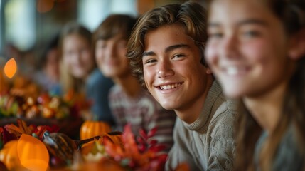 Group of happy teenagers smiling at the camera, sitting at a table with pumpkins.