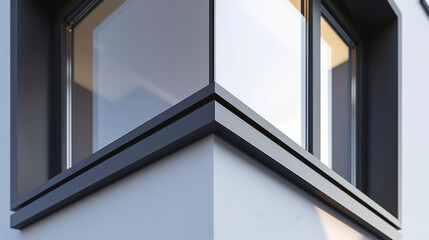 Obraz premium Close-up of a modern building's corner showcasing sleek, minimalist architecture with large windows and sharp geometric lines.