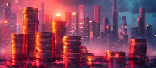 Skyscrapers Rising from Stacked Coins in Vibrant City Skyline Financial Growth Concept