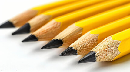 Obraz premium A close-up of five sharpened yellow pencils aligned in a row, highlighting their pointed graphite tips and wooden angular bodies.