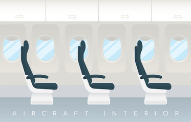 Vector aircraft interior with three empty airplane seats in a row. The seats are black with white bases, and there are windows behind each seat. The text "AIRCRAFT INTERIOR" is at the bottom.