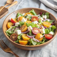 in a bowl salad of fresh vegetables, herbs and cheese