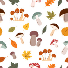 Autumn seamless pattern. Autumn leaves and mushrooms background.