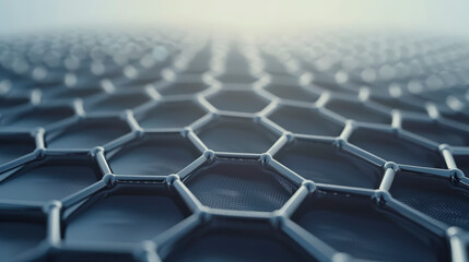 Obraz premium A close-up view of a hexagonal lattice structure, resembling graphene, showcasing its intricate and uniform pattern as it extends into the distance.