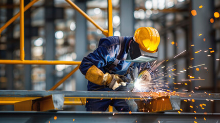 Worker in protective gear welding metal beams in a factory, with sparks flying. The industrial setting suggests construction or manufacturing operations.