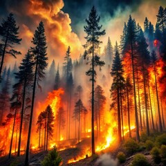 a strong fire in the autumn forest
