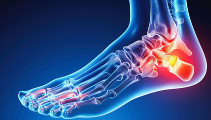 A rendered image showing the bones of a human foot with highlighted areas indicating inflammation or injury, focusing on the heel and ankle regions.