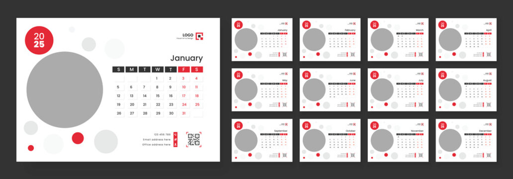 Desk Calendar Template 2025, New Year 2025 table calendar, Minimalist desk calendar 2025 template. Week start on Sunday.