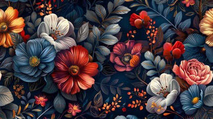 Fototapeta premium Floral Tapestry in Shades of Crimson and Blue