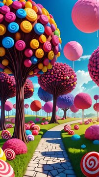 Fantasy candy land with candy trees and cotton candy