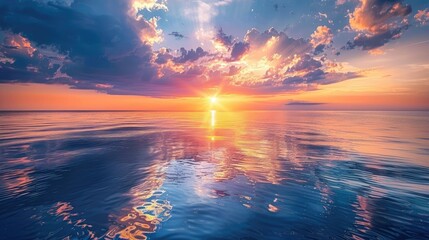 Obraz premium Dramatic evening sky with clouds over the sea, capturing a beautiful sunset with reflections and vibrant colors.