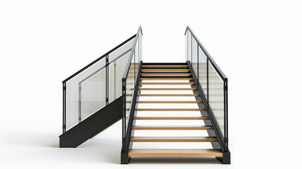 Modern staircase with glass and metal railings, clean lines, and wooden steps, set against a white background.