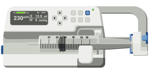 Infusion Pumps-Syringes medical devices used to deliver fluids, medications, nutrients into the patient body at a controlled rate. In hospitals, clinics. Flat design