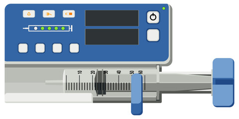 Infusion Pumps-Syringes medical devices used to deliver fluids, medications, nutrients into the patient body at a controlled rate. In hospitals, clinics. Flat design