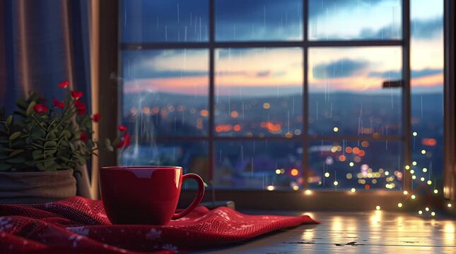 Coffee cup by the window with a stunning cityscape at night, capturing the vibrant city lights.
  Seamless looping 4k time-lapse virtual video animation Generated AI