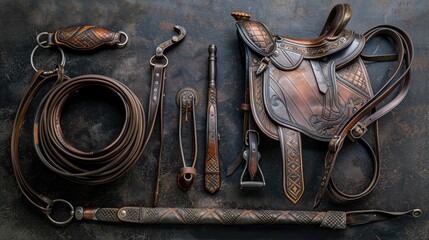 Composition of riding equipment - saddle, bridle, whip, bit .