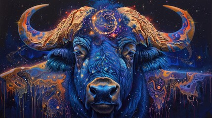 Uv painting of universe on real strong buffalo head
