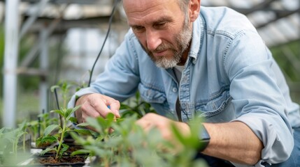 An older man diligently attending to plant arrangements in a greenhouse, displaying his dedication and care towards plant cultivation and nurturing environment.