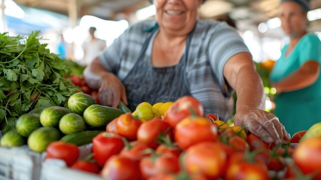 A woman in a striped shirt arranges fresh vegetables such as tomatoes, cucumbers, and leafy greens at a vibrant farmers market stall, smiling as she works.