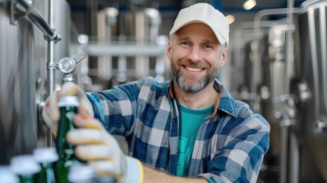 A happy man in a cap and plaid shirt fills bottles in a brewery, smiling contentedly, capturing the joy and satisfaction found in the artisanal process of brewing beer. - Powered by Adobe