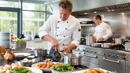 Two chefs in a dynamic kitchen are preparing various gourmet dishes, showcasing their culinary skills and attention to detail, creating an atmosphere of professional cooking and fine dining.