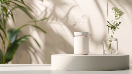 A white podium with a holographic butterfly showcasing eco-friendly beauty products.