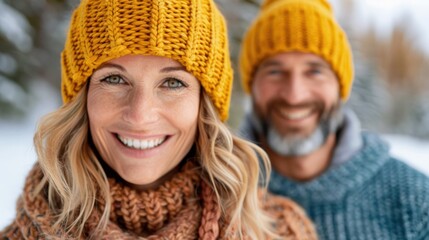 A happy couple dressed in cozy knitwear is enjoying the winter snow outdoors, illustrating warmth, togetherness, and the joyous essence of the winter season.