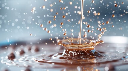 A photorealistic image of a chocolate fountain cascading chocolate.