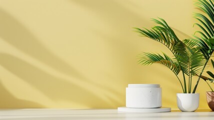 Sunny yellow podium in 3D summer setting, with tropical backdrop and minimalistic platform for showcasing cosmetics.