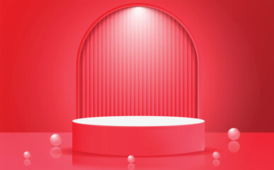 3D red product background design. Product showcase design template vector. Abstract red gradient color product podium mockup design with leaf shadow. Premium podium mockup design. Wall scene