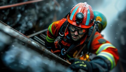 Dramatic portrait of a firefighter climbing a ladder in full gear, emphasizing the importance of ladders for accessing high and difficult locations