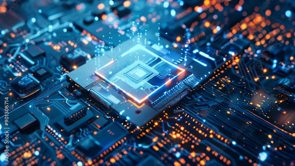 Poster close up of an advanced microchip with data flowing through it
