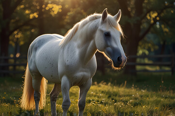 Beautiful white horse on the background of a green meadow