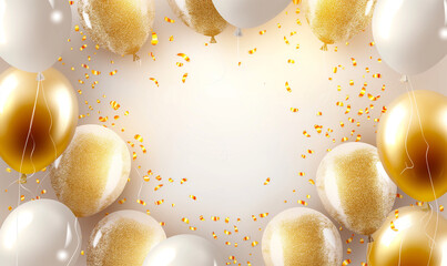 Celebrating another year of life with gold and white balloons middle round white space - happy birthday